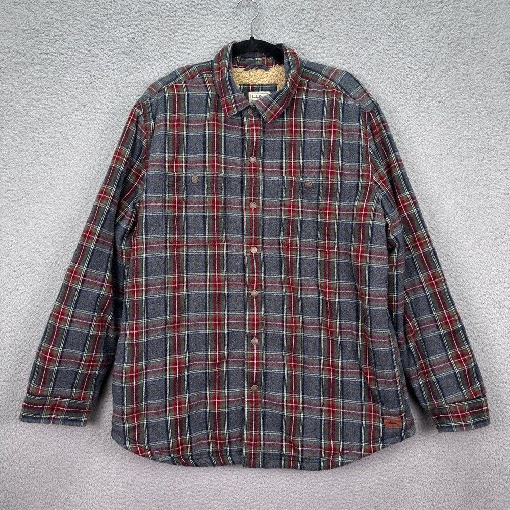 LL Bean Shacket Mens L Gray Red Sherpa Lined Scotch Plaid Shirt‎ Jacket Rugged